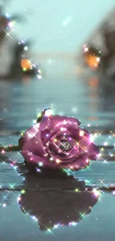 Sparkling purple rose reflected on water.