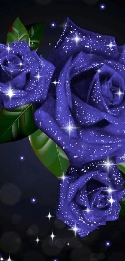 Sparkling purple roses with green leaves and stars on a dark background.