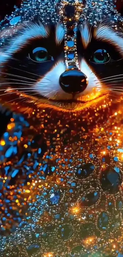 Raccoon adorned with sparkling jewels and vibrant colors.