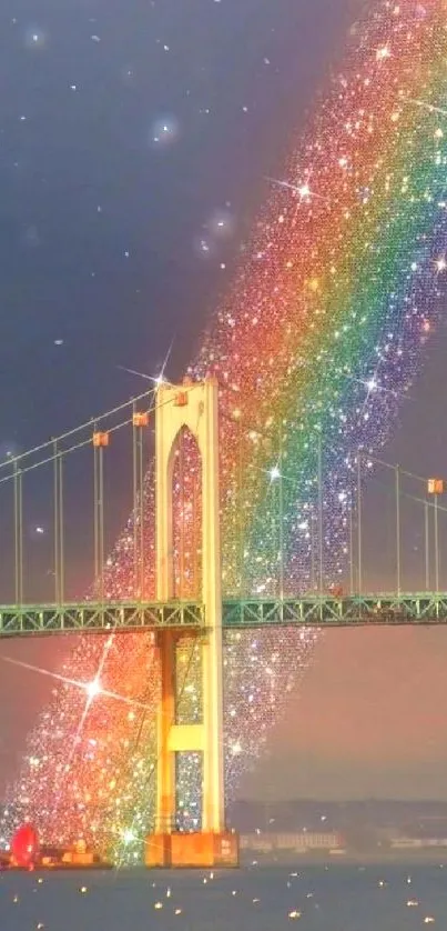 Vibrant rainbow over bridge with sparkling effect.