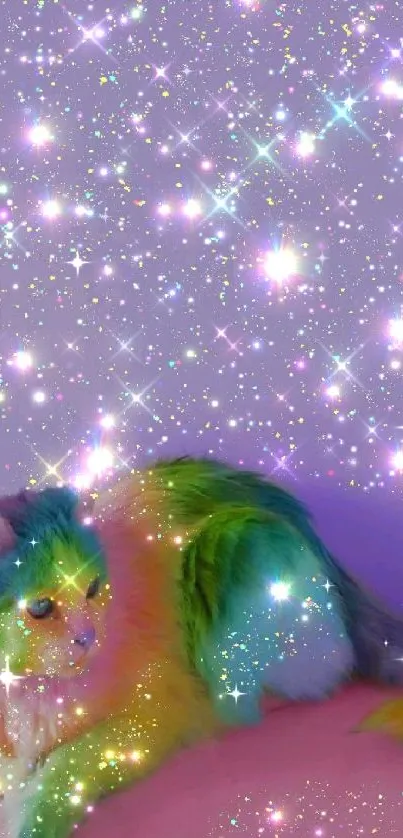 A rainbow-colored cat surrounded by sparkling stars on a lavender background.