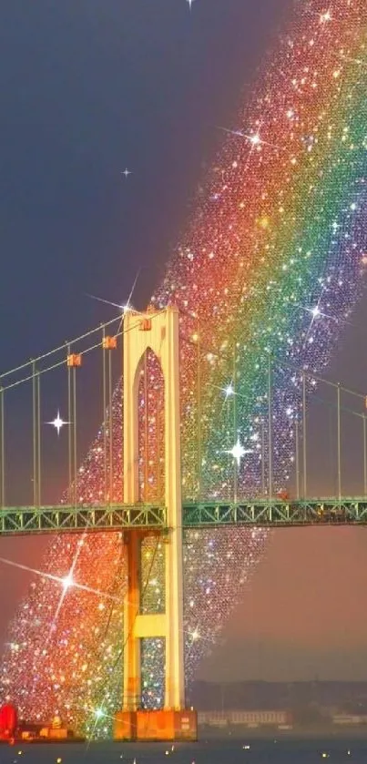 Colorful rainbow sparkles over bridge with a dreamy evening sky.