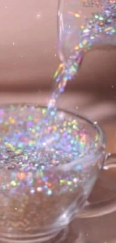 Shimmering rainbow sparkles pouring into a glass teacup in a magical aesthetic.