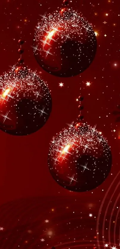 Red Christmas ornaments sparkle on festive mobile wallpaper.