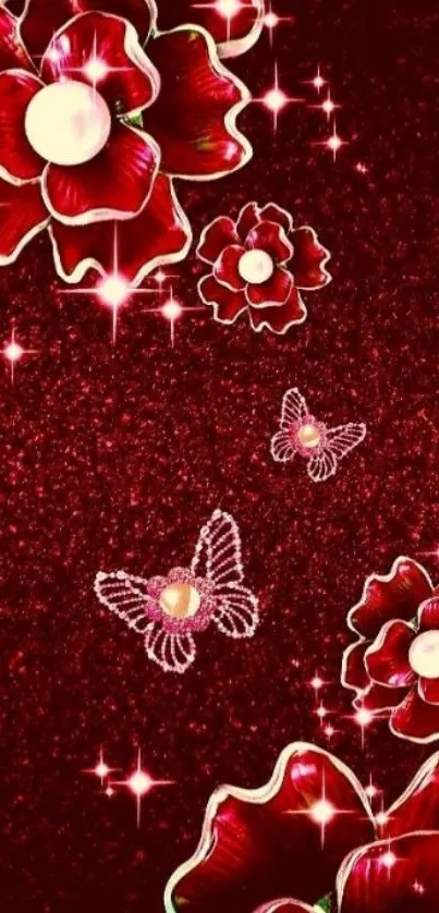 Red floral wallpaper with sparkles and butterflies.