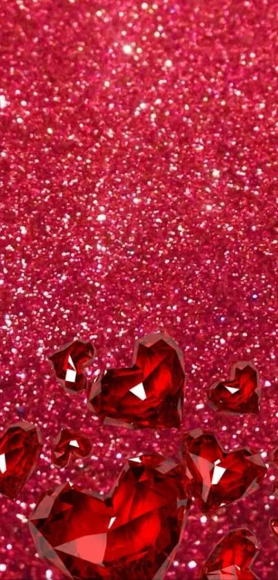 Sparkling red hearts on a glittery background.