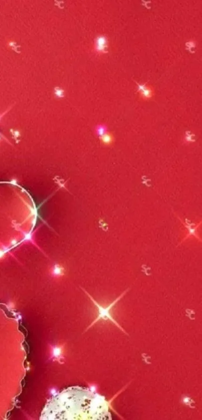 Red mobile wallpaper with glowing hearts and sparkling lights.