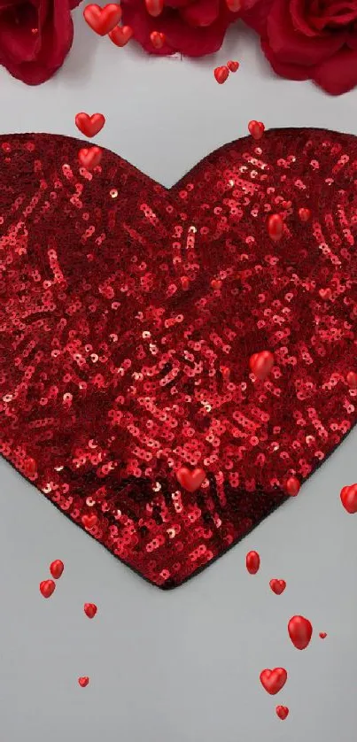 Red sequin heart with roses wallpaper.