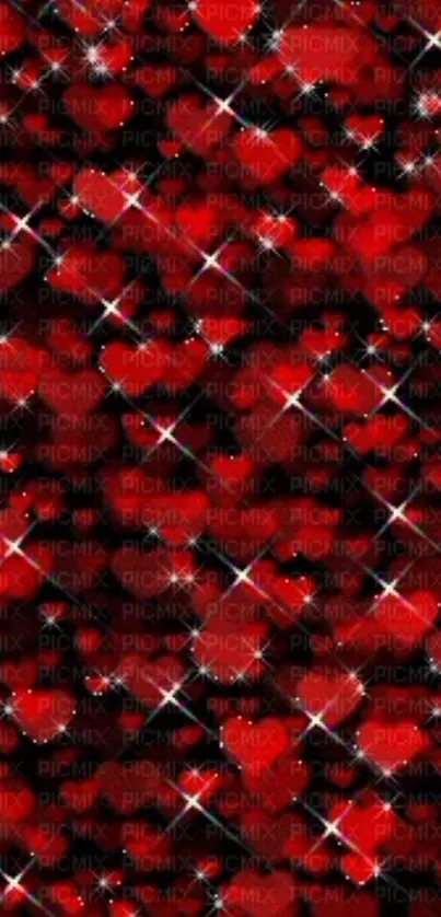 Mobile wallpaper with sparkling red hearts on a black background.