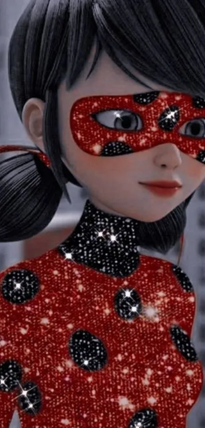 Animated hero in a sparkling red and black costume, set against a city backdrop.