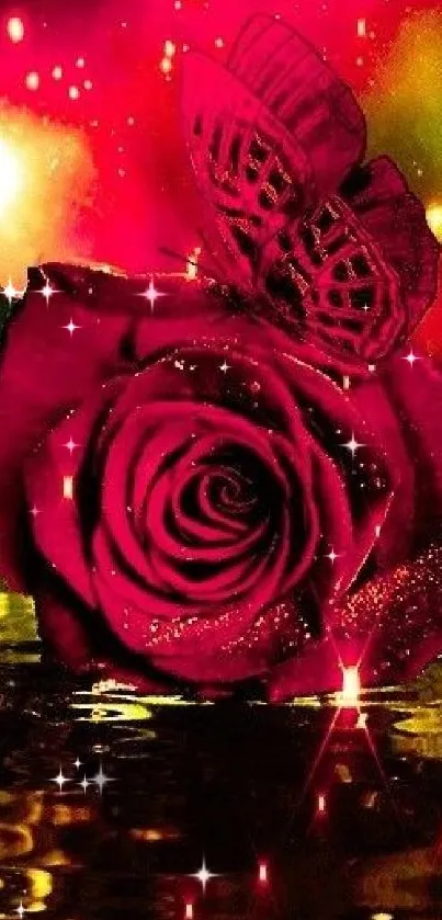 Stunning red rose with butterfly and golden glow background wallpaper.