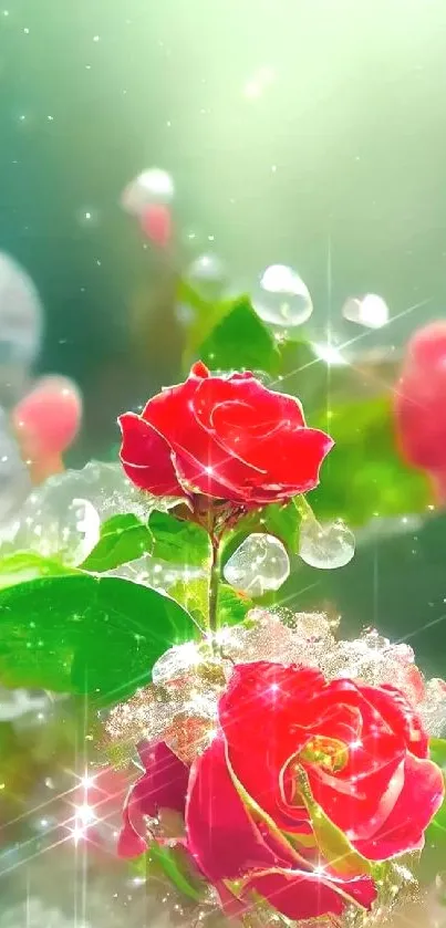 Sparkling red rose with green background