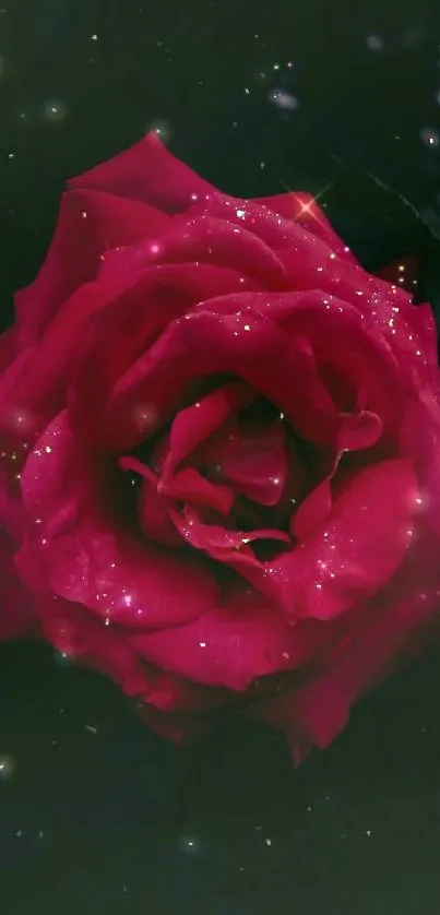 Vibrant sparkling red rose against dark background