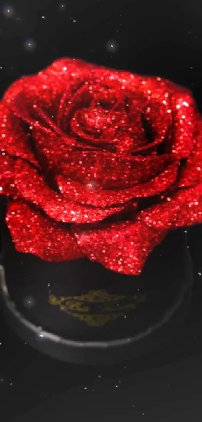 Sparkling red rose against black background.