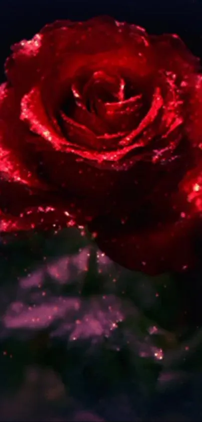 Sparkling red rose with bright petals and elegant glow as phone wallpaper.