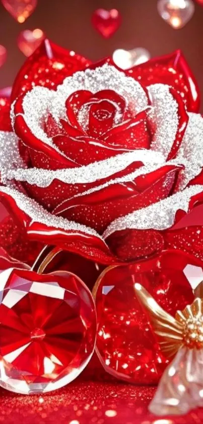 Sparkling red rose with gemstone and angel decor.