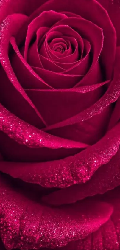 Close-up of a sparkling red rose with shimmering petals.
