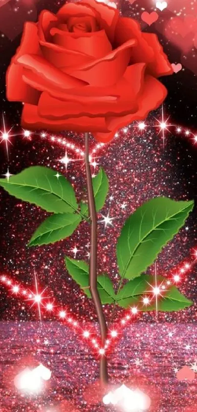 Red rose with a sparkling heart background, perfect for romantic themes.