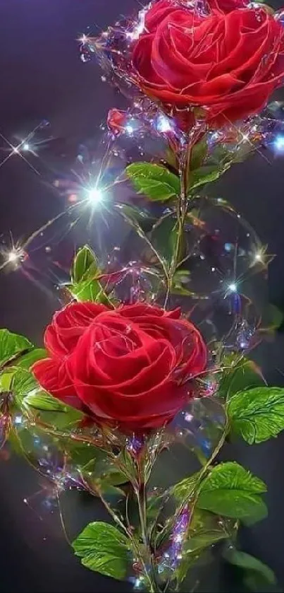 Mobile wallpaper with sparkling red roses and green leaves.