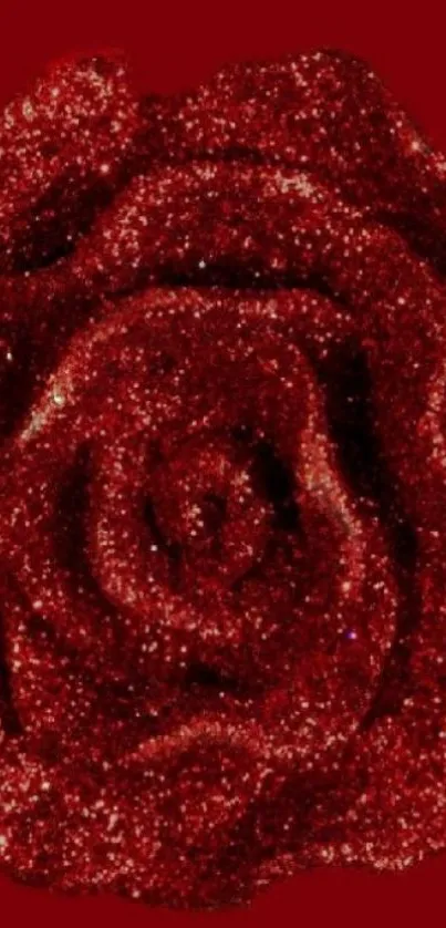 Sparkling red rose with glitter details on a deep red background.