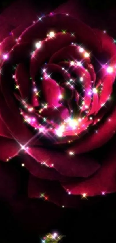 Sparkling red rose with vibrant petals and glittering lights.