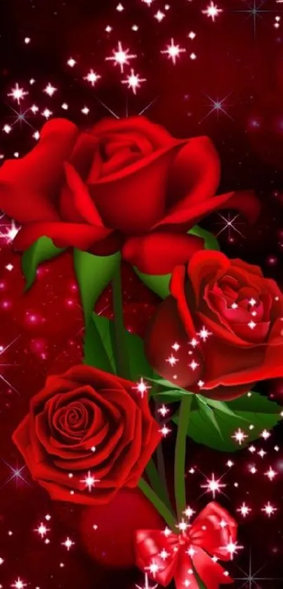 Sparkling red roses against a dark background.