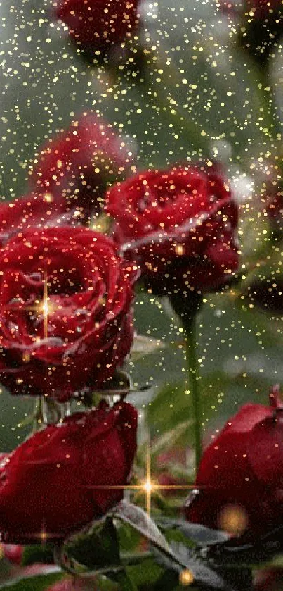 Mobile wallpaper featuring sparkling red roses with a green background.