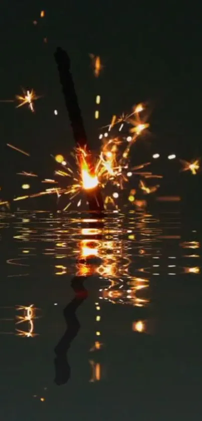 Sparkler reflecting on dark water surface.