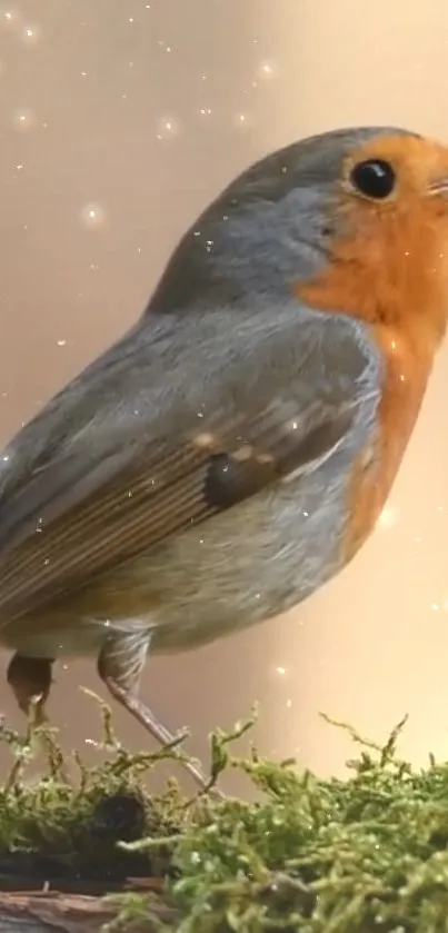 A colorful robin on moss with a sparkling background.