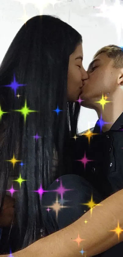 Romantic couple kissing with sparkling stars.