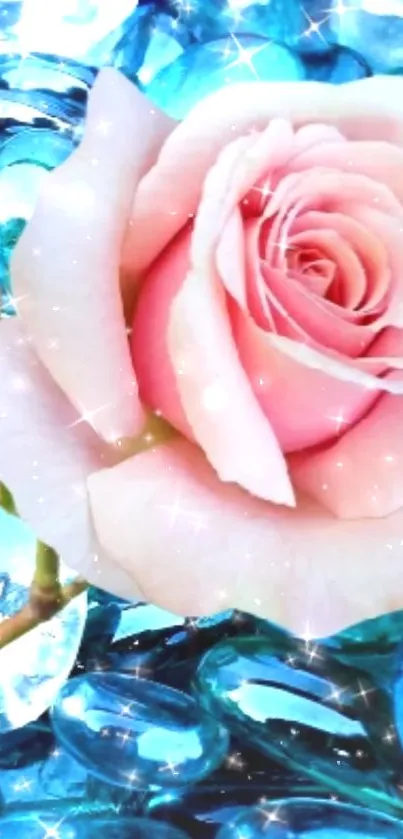 Pink rose with sparkling blue gems background.