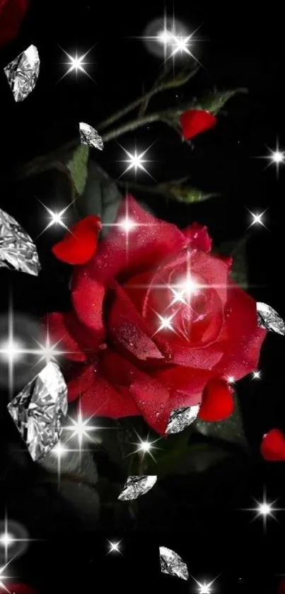 Red rose with diamonds on black background, sparkling effect.