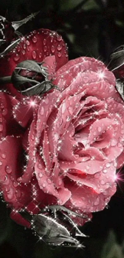 Pink rose with sparkling dewdrops on petals against a dark background.