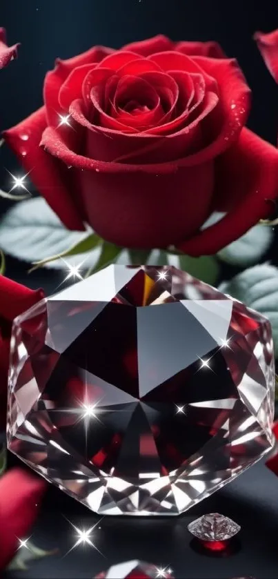 Sparkling diamond surrounded by red roses.