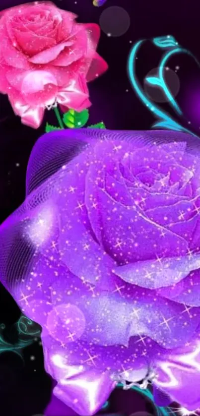 Sparkling purple and pink roses on dark background.