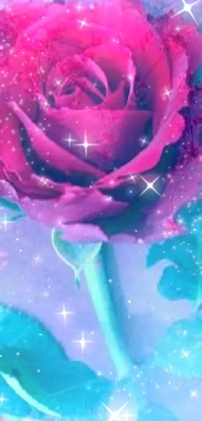 Vibrant pink rose with sparkles in fantasy mobile wallpaper.