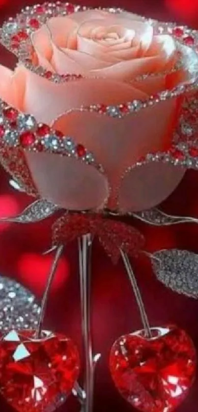 A glittering rose with heart design wallpaper.