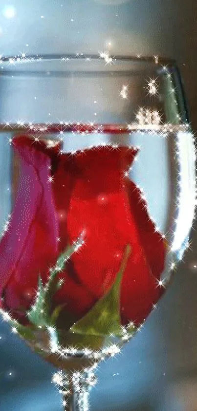 Sparkling red rose in a crystal glass with glowing effect.