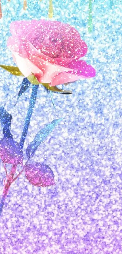 Sparkling rose with rainbow glitter background.