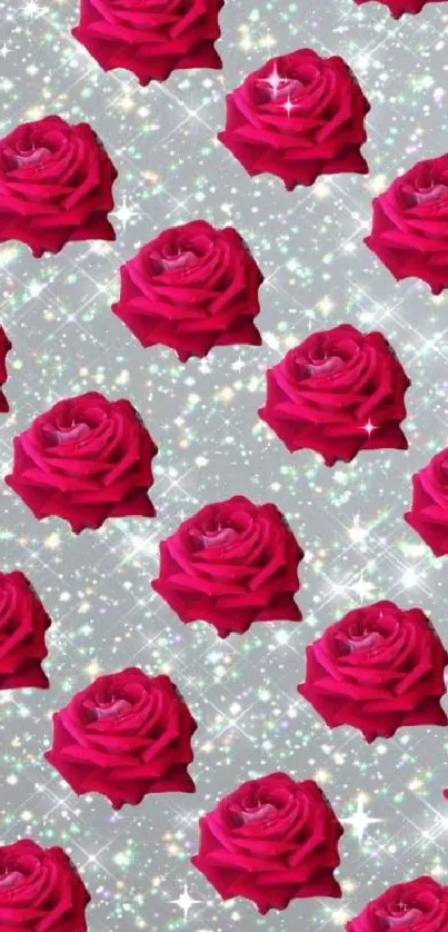 Mobile wallpaper with red roses on a sparkling silver background.