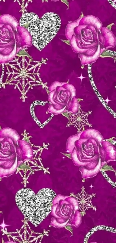 Purple background with roses and glitter hearts.