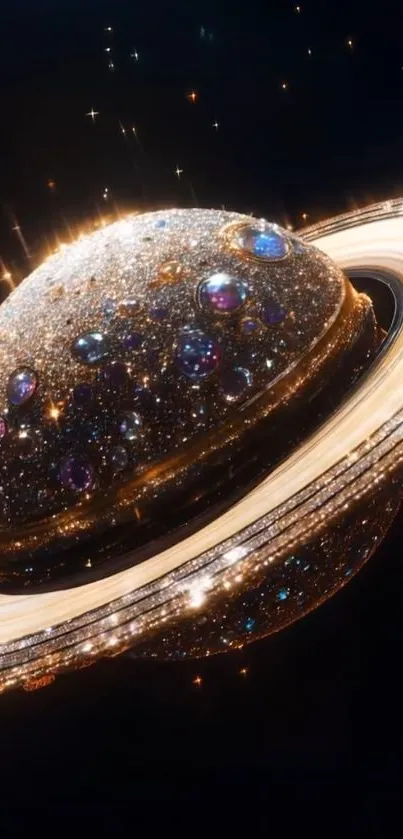 Jewel-encrusted Saturn with stars in a dark sky.