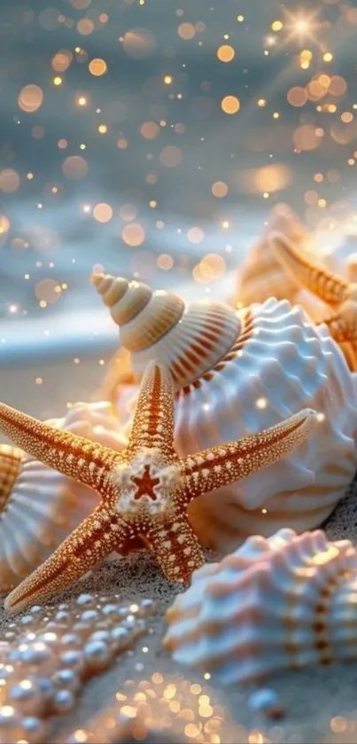 Sparkling seashells and starfish on a sandy beach background with gentle lights.