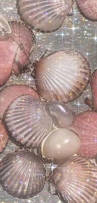 Pink seashells with glittering background on mobile wallpaper.