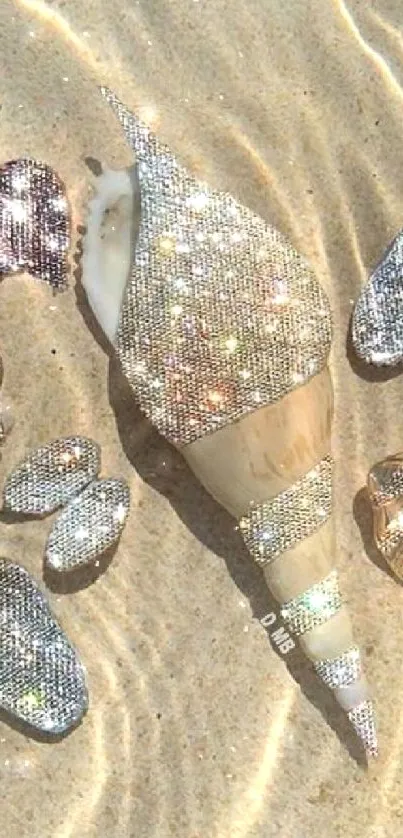 Glittering seashell and jewels on sandy seabed.