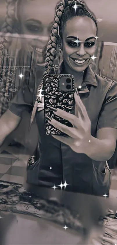 Stylish woman takes a sparkling selfie in a mirror with chic effects.