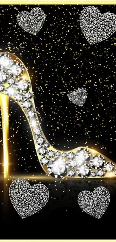 Sparkling high heel with diamonds and heart accents on a black background.