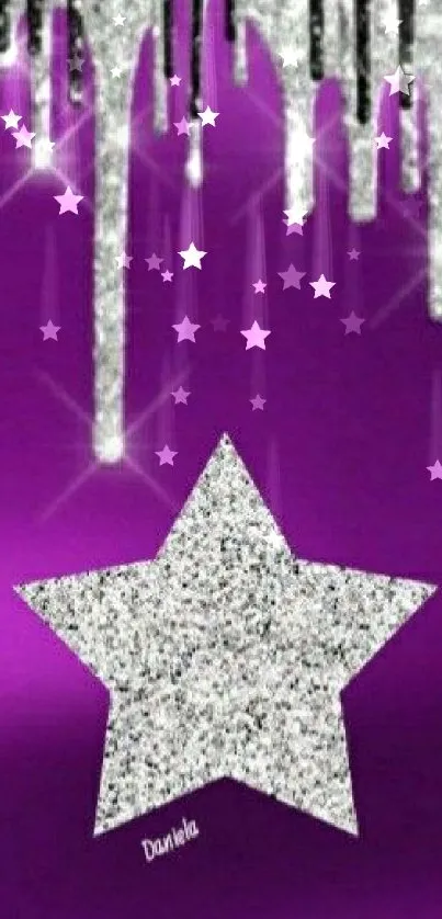 Sparkling silver star on a purple background.