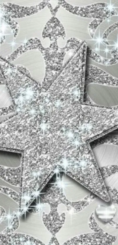 Silver star wallpaper with glitter and floral designs.