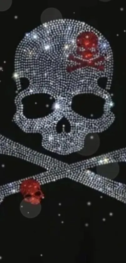 Sparkling skull and crossbones on black background.